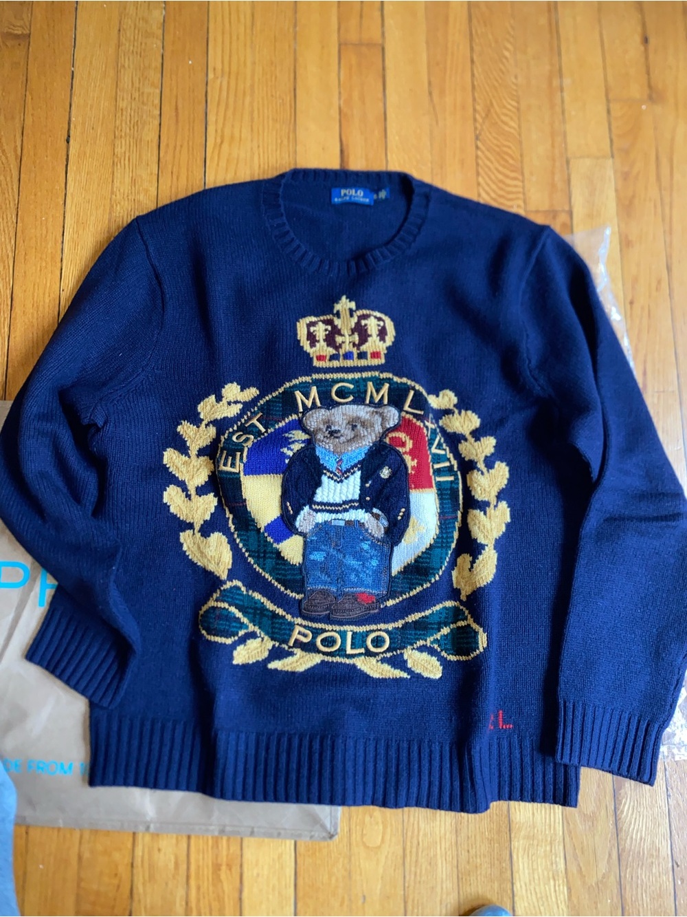Polo by Ralph Lauren Navy Crest Bear Knit 100% wool Sz XL